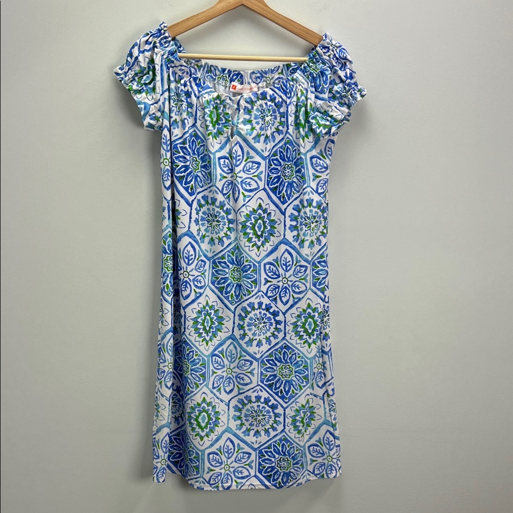Jude Connally Blue Green White Mosaic Mini Dress
